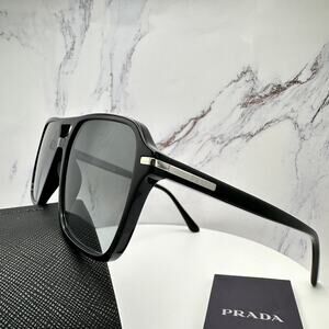 NEW PRADA Sunglasses Black Aviator Pilot 55-17mm Grey Lens Silver Logo